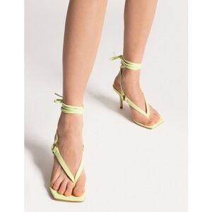 Stuart Weitzman Lalita 75 Neon Green Suede Square Toe Lace Up Heel Thong Sandals